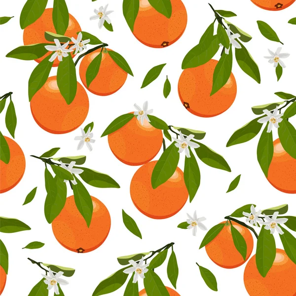 Naadloze Patroon Oranje Vruchten Met Bloemen Bladeren Witte Achtergrond Grapefruit — Stockvector