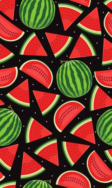 Nahtloses Muster Mit Wassermelonen Scheibe Wassermelone Auf Schwarzem Hintergrund Muster — Stockvektor