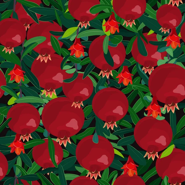 Χωρίς Ραφές Μοτίβο Ροδιού Κλαδιά Φρούτα Λουλούδια Και Φύλλα Φρέσκα — Διανυσματικό Αρχείο