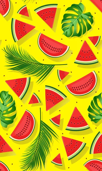 Nahtlose Muster Wassermelonen Mit Tropischem Blatt Scheibe Wassermelonen Vektor Illustration — Stockvektor