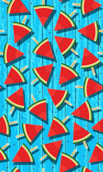 Karpuz ile dikişsiz desen, mavi grunge ahşap arka plan üzerinde karpuz vektör illüstrasyon dilim buz pops, Tropikal meyve deseni