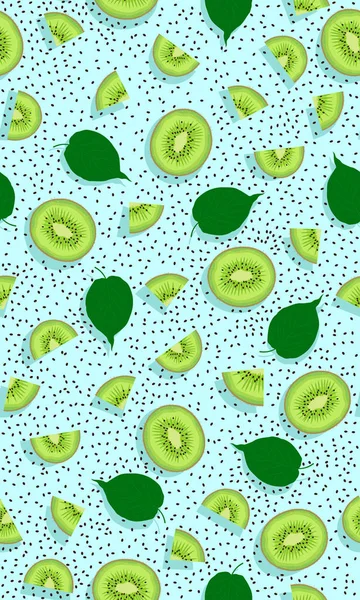 Nahtloses Muster Frucht Kiwi Stück Mit Samen Und Blättern Auf — Stockvektor