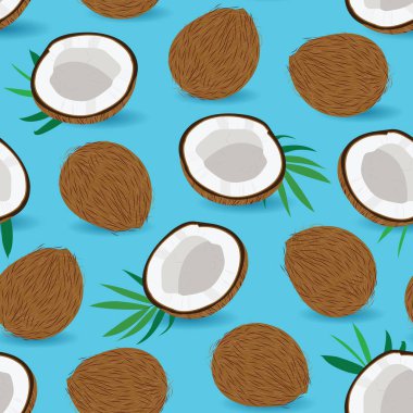Dikişsiz desen bütün hindistan cevizi ve mavi arka plan üzerinde parça, Vektör illüstrasyon