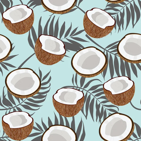 Nahtloses Muster Kokosnussstück Und Palmblätter Auf Blauem Hintergrund Vektorillustration — Stockvektor