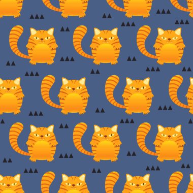 Dikişsiz desen mavi arka plan, çocuk tasarım tarzı, vektör illüstrasyon üzerinde kedi çizgili
