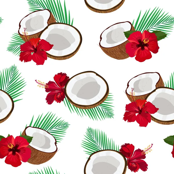 Seamless Pattern Coconut Piece Palm Leaves Red Hibiscus Vector Illustration — Stock Vector