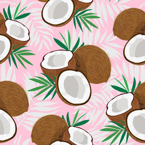 Naadloze Patroon Hele Kokosnoot Stuk Met Palm Bladeren Roze Achtergrond — Stockvector