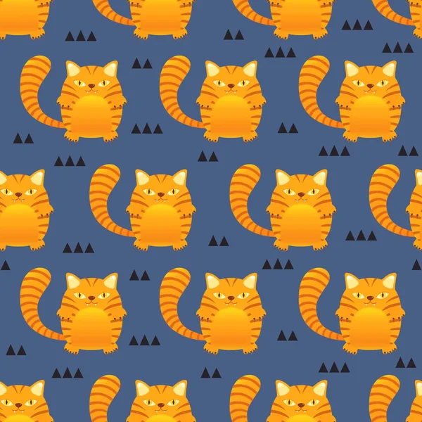 Dikişsiz desen mavi arka plan, çocuk tasarım tarzı, vektör illüstrasyon üzerinde kedi çizgili