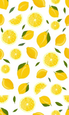 Limon meyve ve beyaz arka plan üzerinde yaprakları ile dilim dikişsiz desen. narenciye vektör illüstrasyon.