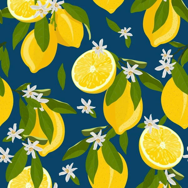 Patrón Sin Costuras Frutas Limón Con Flores Hojas Fondo Azul — Vector de stock