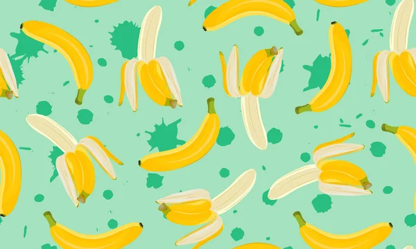 Banane Nahtlose Muster Halb Geschälte Banane Auf Grünem Farbspritzer Hintergrund — Stockvektor