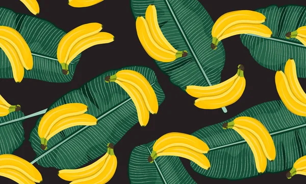 Banana Seamless Pattern Banana Leaves Bunch Ripe Bananas Black Background — Stock Vector