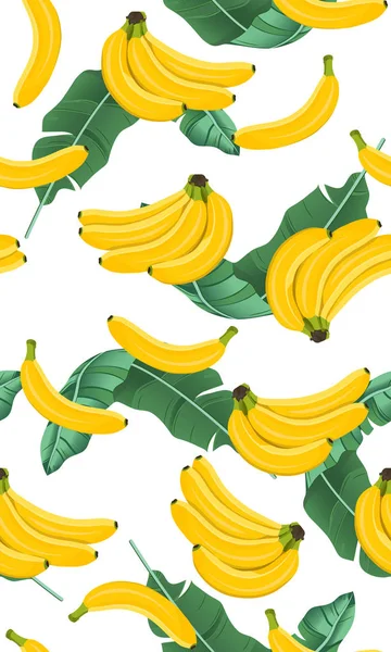 Banana Seamless Pattern Banana Leaves Bunch Ripe Bananas White Background — Stock Vector