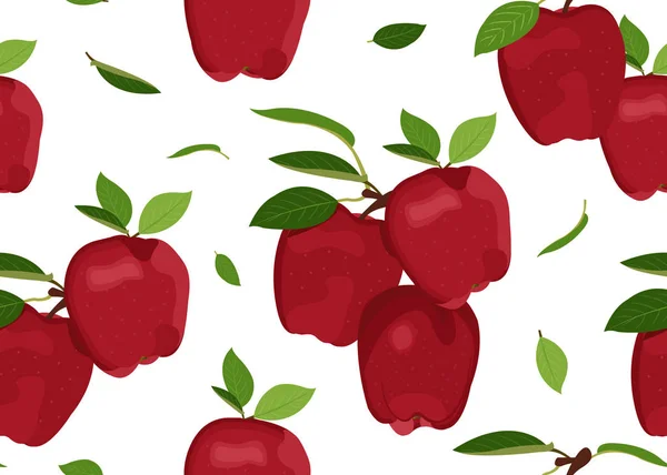 白い背景に葉を持つアップルのシームレスなパターン 赤リンゴ果実ベクトルイラスト — ストックベクタ