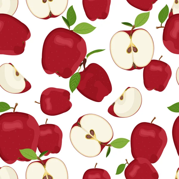 アップルのシームレスなパターンと白い背景にドロップスライス 赤リンゴ果実ベクトルイラスト — ストックベクタ