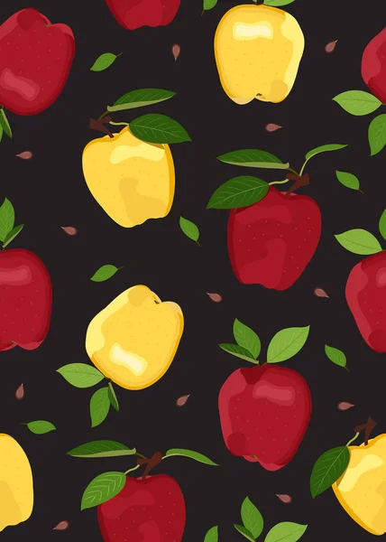 黒の背景にアップルシームレスなパターン 赤と黄色のりんご果実ベクトルイラスト — ストックベクタ