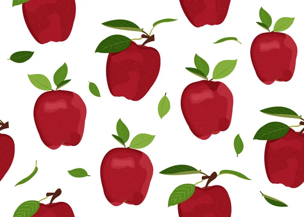 白い背景に葉を持つアップルのシームレスなパターン 赤リンゴ果実ベクトルイラスト — ストックベクタ