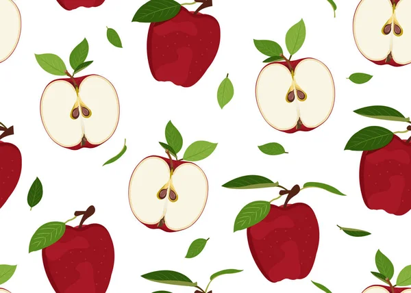 白い背景に葉とアップルのシームレスなパターンとスライス 赤リンゴ果実ベクトルイラスト — ストックベクタ