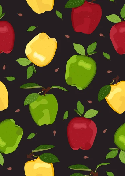 黒の背景にアップルカラフルなシームレスなパターン 黄色のりんご果実ベクトルイラスト — ストックベクタ