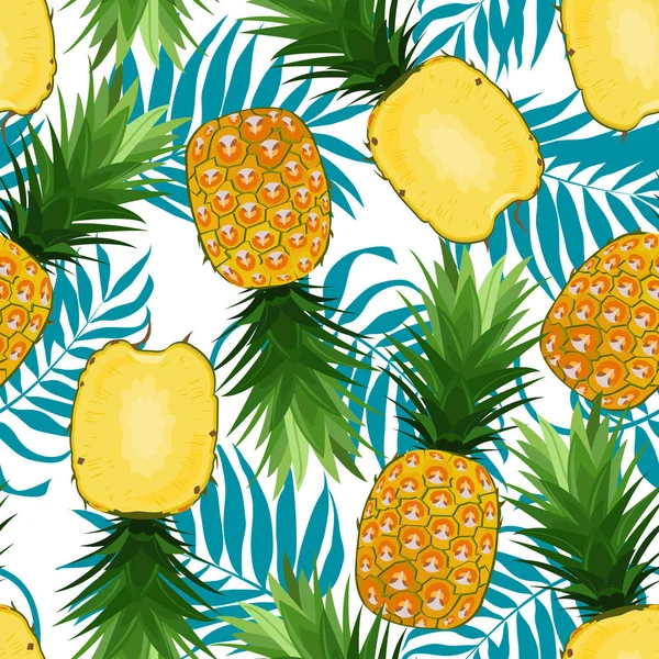 Pineapple Seamless Pattern Whole Longitudinal Section Palm Leaves White Background — Stock Vector