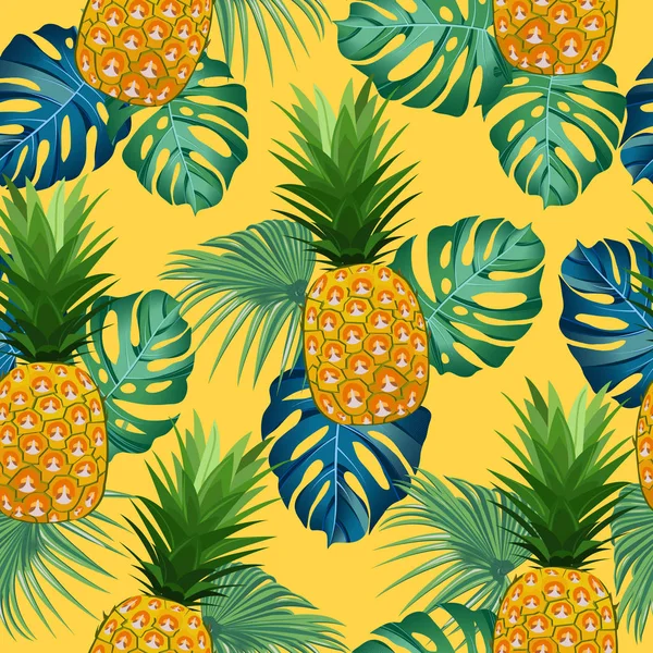 Sarı arka plan üzerinde tropikal yaprakları ile ananas dikişsiz desen. Yaz vintage arka plan. Ananas meyve vektör illüstrasyon.