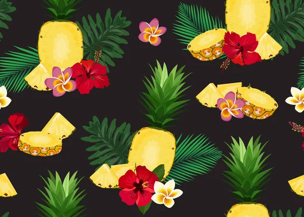 Ananas Nahtloses Muster Längsschnitt Und Scheibe Mit Tropischen Blüten Und — Stockvektor