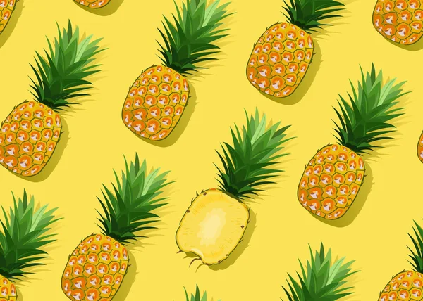 Ananas Nahtlose Muster Ganz Und Längsschnitt Auf Gelbem Hintergrund Sommer — Stockvektor