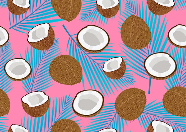 Kokosfrüchte Nahtlos Muster Ganze Und Stück Mit Blauen Palmblättern Auf — Stockvektor
