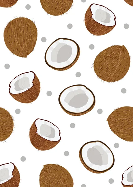Kokosfrüchte Nahtlos Muster Ganze Und Stück Mit Punkt Auf Weißem — Stockvektor