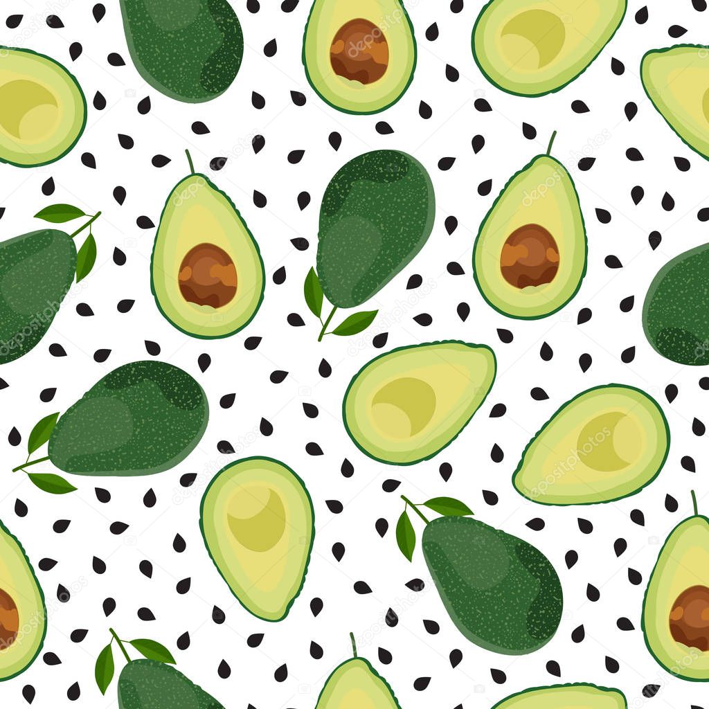 Avocado seamless pattern whole and sliced on white background, Fruits vector illustration