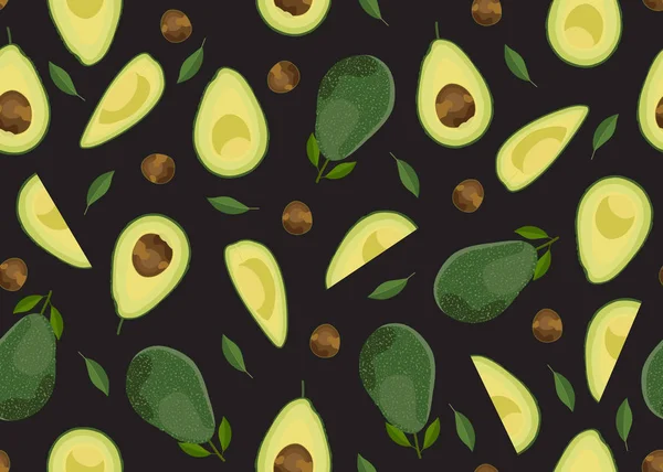 Avocado Nahtlose Muster Ganz Und Scheiben Geschnitten Auf Schwarzem Hintergrund — Stockvektor