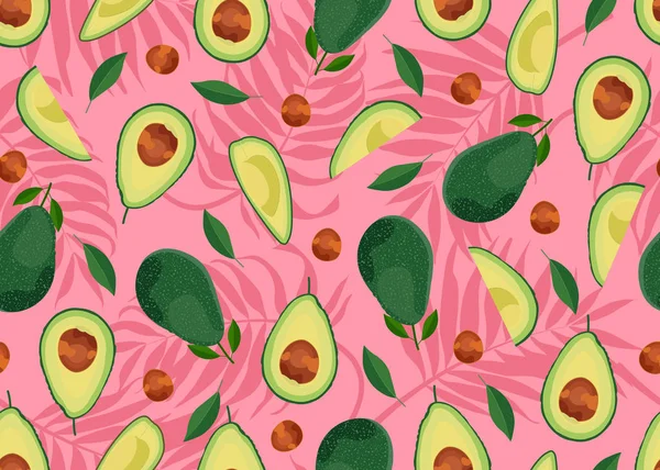 Avocado Nahtlose Muster Ganz Und Scheiben Geschnitten Auf Rosa Palmblättern — Stockvektor