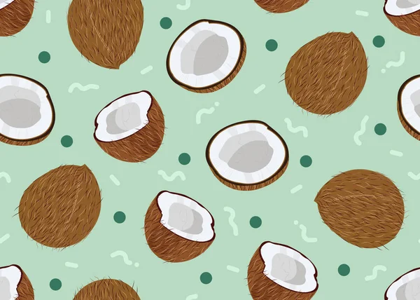 Kokosfrüchte Nahtlos Muster Ganze Und Stück Mit Punkt Auf Hellgrünem — Stockvektor