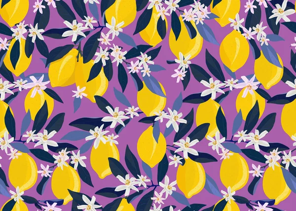 Citroen Vruchten Naadloze Patroon Met Bloemen Bladeren Paarse Achtergrond Citrusvruchten — Stockvector