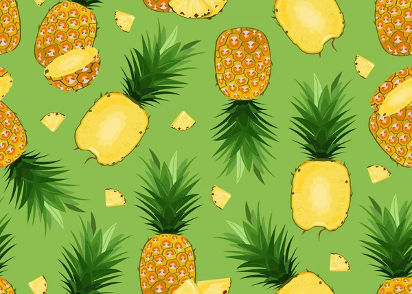 Ananas Nahtlose Muster Ganz Und Längsschnitt Mit Scheibe Auf Grünem — Stockvektor