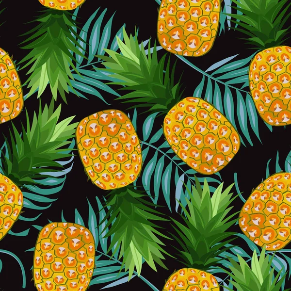 Pineapple Seamless Pattern Palm Leaves Black Background Summer Background Ananas — Stock Vector