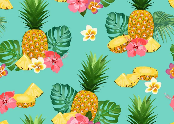 Ananas dikişsiz desen bütün ve yeşil arka plan üzerinde tropikal çiçek ve yaprakları ile dilim. Yaz geçmişi. Ananas meyve vektör illüstrasyon.