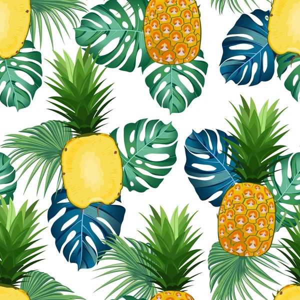 Pineapple Seamless Pattern Whole Longitudinal Section Tropical Leaves White Background — Stock Vector