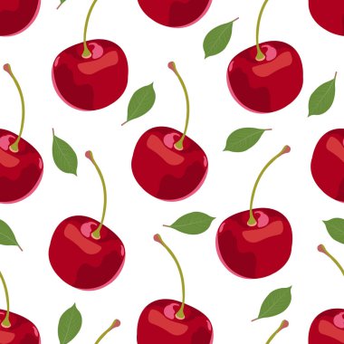 Kiraz meyve dikişsiz desen, Taze organik gıda, beyaz büyük kırmızı meyve berry desen. Vektör çizimi.