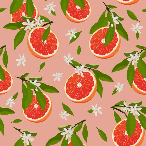 Oranje Vruchten Slice Naadloze Patroon Met Bloemen Bladeren Rose Roze — Stockvector