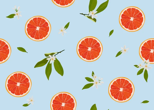 Oranje Vruchten Segment Naadloze Patroon Met Bloemen Bladeren Pastel Blauwe — Stockvector