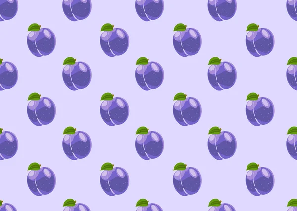 明るい紫色の背景にプラムフルーツシームレスパターン フルーツベクトルイラストの背景 — ストックベクタ