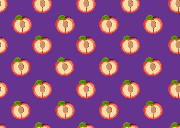 プラムフルーツは 新鮮な紫色の背景にシームレスなパターンをスライスし フルーツベクトルイラストの背景 — ストックベクタ
