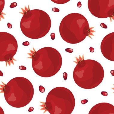 Nar meyve dikişsiz desen ve beyaz arka plan üzerinde tohum, Taze organik gıda, Kırmızı yakut meyve desen. Vektör çizimi.