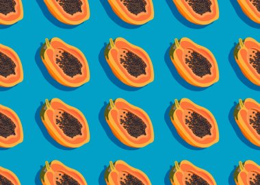 Gölge ile mavi arka plan papaya meyve dikişsiz desen, Taze organik gıda, Tropikal meyve vektör illüstrasyon.