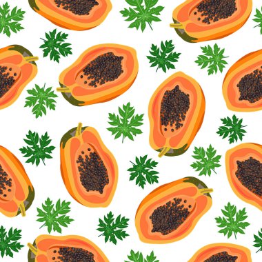 Yaprakları ile beyaz arka plan papaya meyve dikişsiz desen, Taze organik gıda, Yaz desen arka plan, Tropikal meyve vektör illüstrasyon.