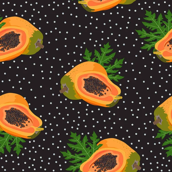 Papaya Fruits Seamless Pattern Black Background Seed Fresh Organic Food — Stock Vector