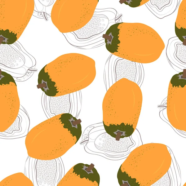 Papayafrüchte Nahtloses Muster Auf Weißem Hintergrund Mit Skizzenzeichnung Frischen Bio — Stockvektor