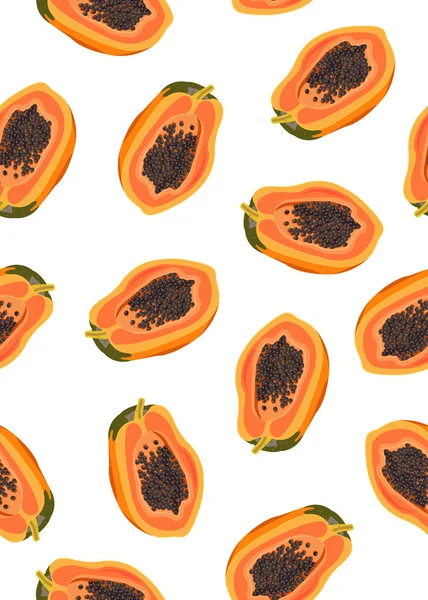 Papaya Fruits Seamless Pattern White Background Fresh Organic Food Tropical — Stock Vector