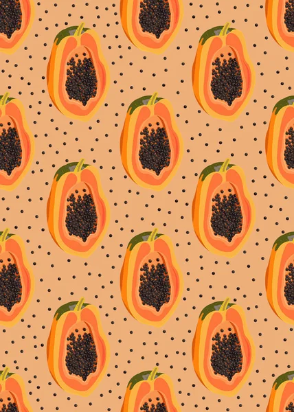 新鮮なオーガニック食品 トロピカルフルーツベクトルイラストとオレンジの背景にパパイヤフルーツシームレスなパターン — ストックベクタ
